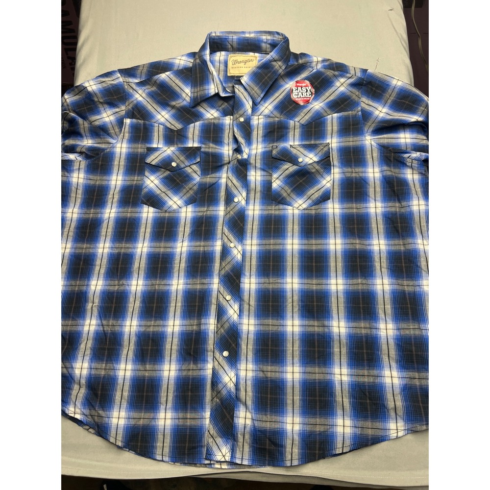 Wrangler Western Shirt Mens 2XL Blue Black Plaid Pearl Snap Short Sleeve Shirt